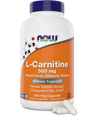 NOW Foods L-Carnitine 500 mg bottle front view highlights energy support.