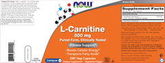 NOW Foods L-Carnitine 500 mg bottle label shows ingredients and purity.