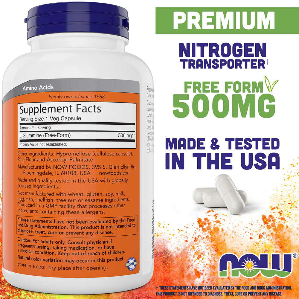 NOW Foods L-Glutamine capsules close-up highlighting 500 mg per capsule