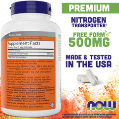 NOW Foods L-Glutamine capsules close-up highlighting 500 mg per capsule