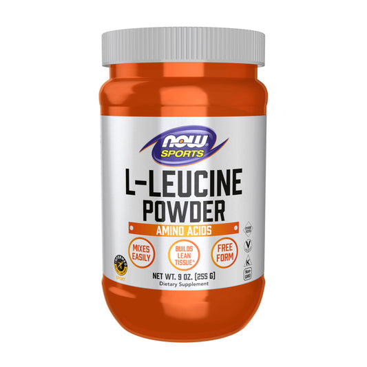 NOW Foods Leucine Powder bottle closeup showing label and powder for lean-tissue support