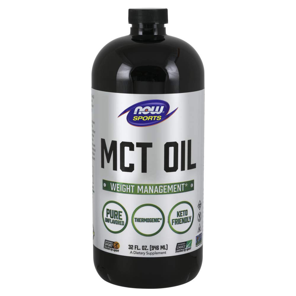 NOW Foods MCT 100% Oil bottle front shows convenient keto-friendly fat source.