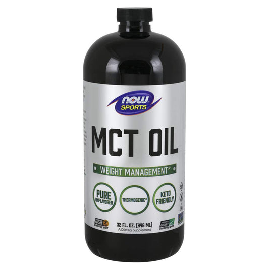 NOW Foods MCT 100% Oil bottle front shows convenient keto-friendly fat source.