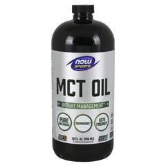 NOW Foods MCT 100% Oil bottle front shows convenient keto-friendly fat source.