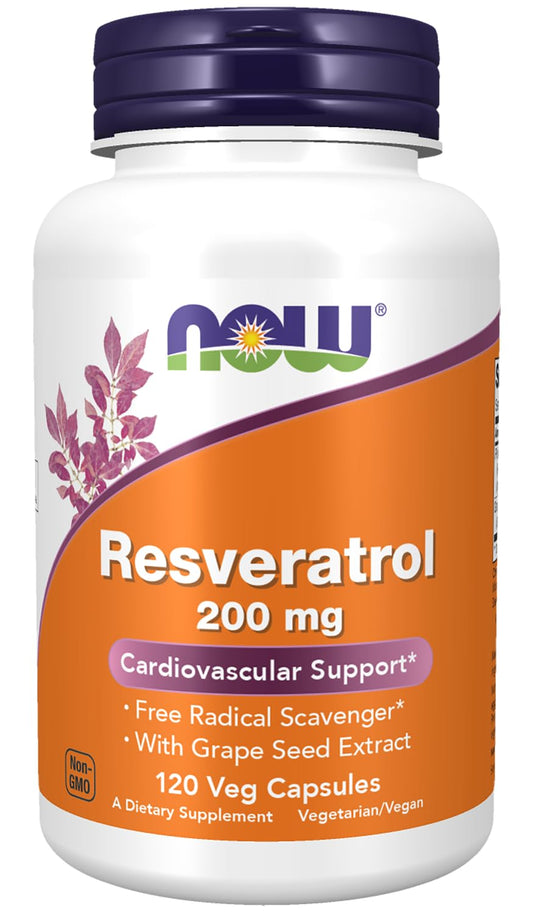 NOW Foods Resveratrol 200mg bottle for daily antioxidant support
