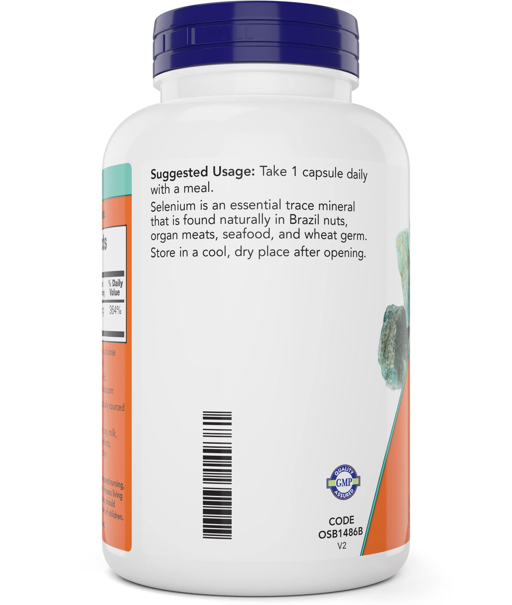 NOW Foods selenium 200mcg capsules bottle label closeup highlighting vegan and kosher features