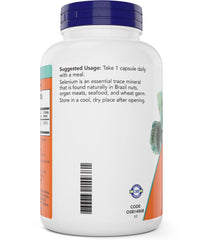 NOW Foods selenium 200mcg capsules bottle label closeup highlighting vegan and kosher features