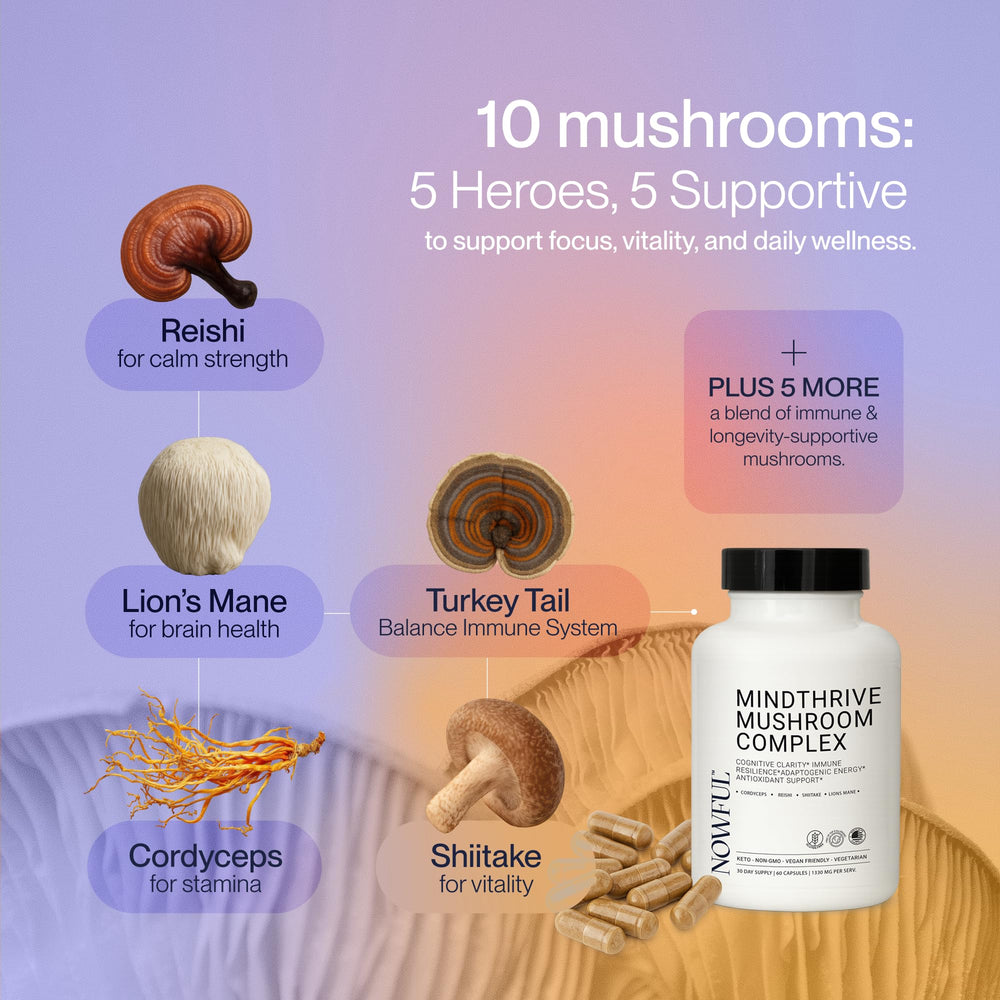 Nowful MindThrive Turkey Tail immune-support capsules for everyday vitality.