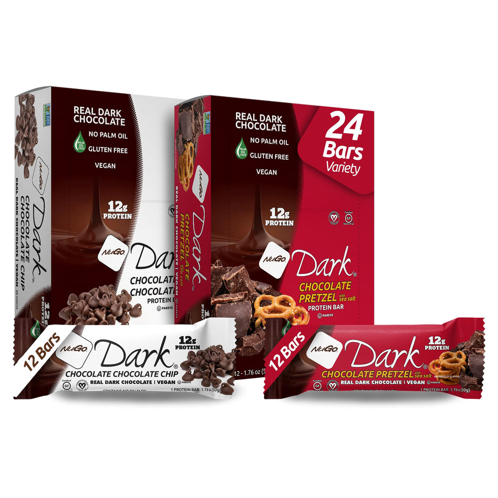 NuGo Dark Chocolate Pretzel pack front, a vegan gluten-free snack option