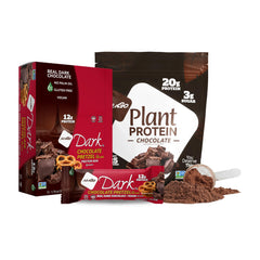 NuGo Dark Chocolate Pretzel bar with sea salt, rich flavor and plant protein.
