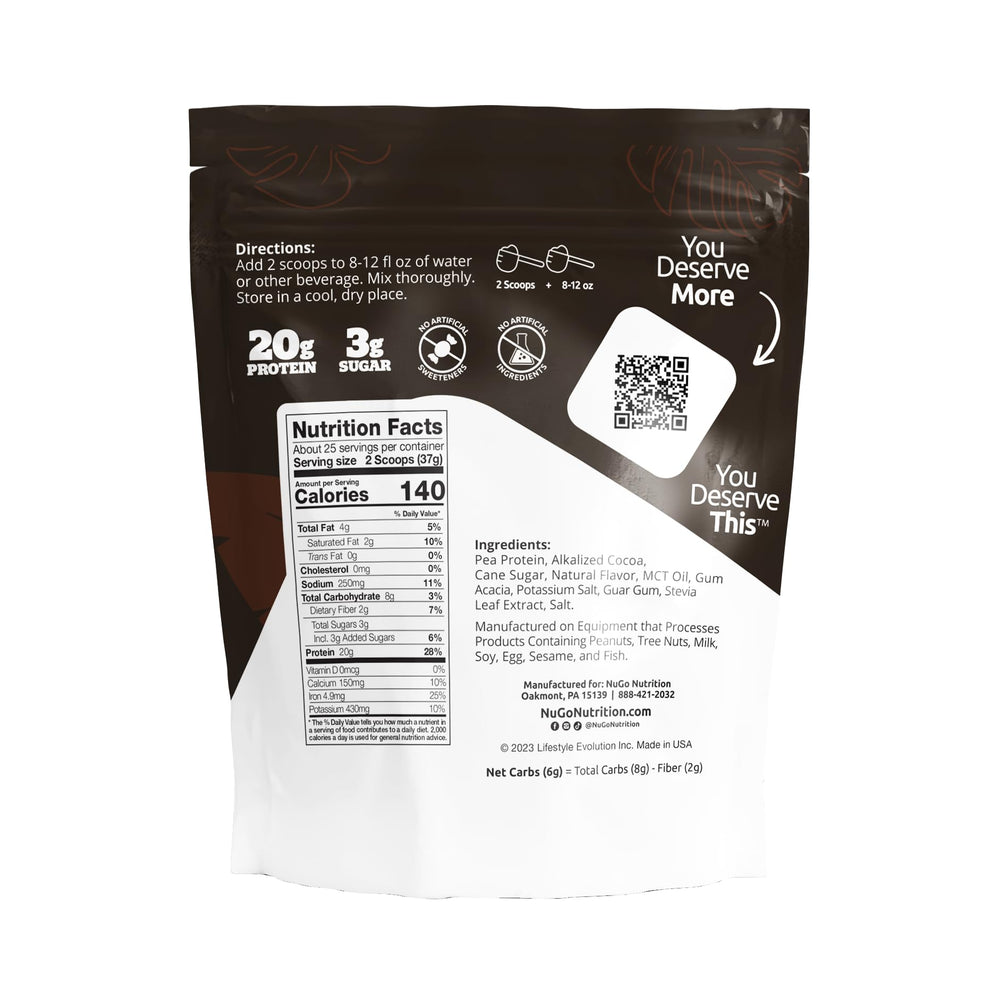 Spoon scoop of NuGo Plant Protein Powder showing 20 g protein.