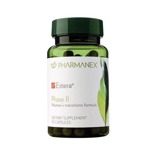 Nu Skin Estera Phase II bottle close-up supporting hormonal balance and daily vitality