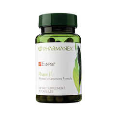 Nu Skin Estera Phase II bottle close-up supporting hormonal balance and daily vitality