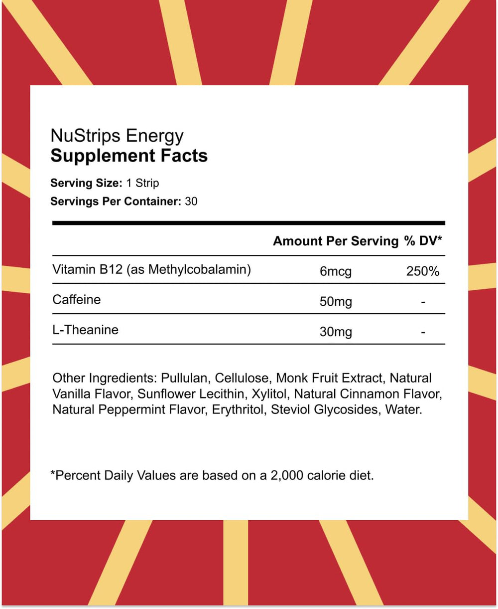 NuStrips caffeine L-Theanine B12 combo supports steady energy.