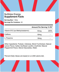 NuStrips shows caffeine, L-Theanine and B12 ingredients for balanced energy.