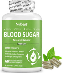 NuBest Blood Sugar Advanced Formula bottle showcasing energy and immune-support ingredients.