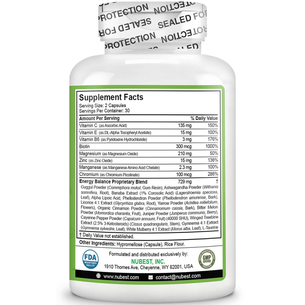 NuBest chromium and gymnema on label, signaling premium energy-support blend.