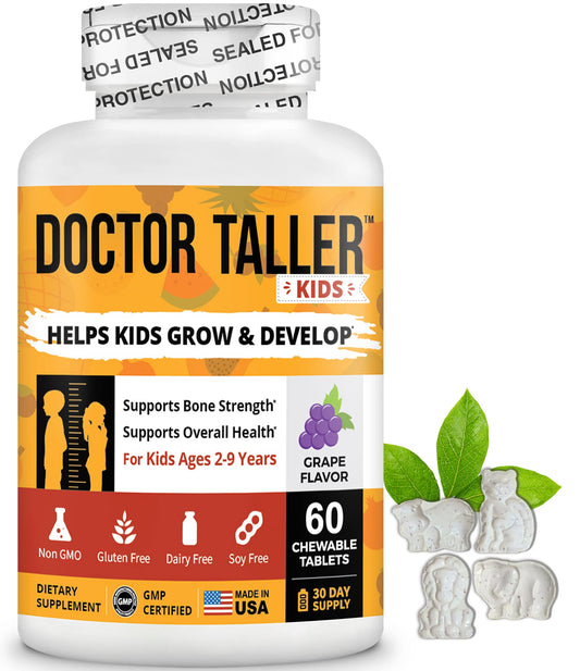 NuBest Doctor Taller Kids bottle front displays grape-flavored chews for immune support.