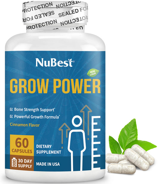 NuBest Grow Power bottle scene with calcium supplement supports healthy bone development.