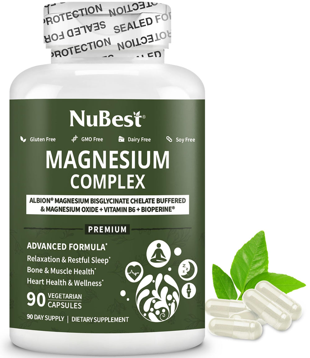 NuBest Magnesium Glycinate bottle front promotes daily wellness with a high-absorption formula.