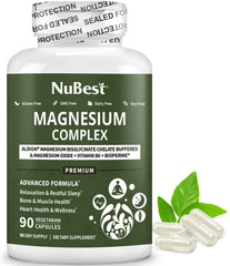 NuBest Magnesium Glycinate bottle front promotes daily wellness with a high-absorption formula.