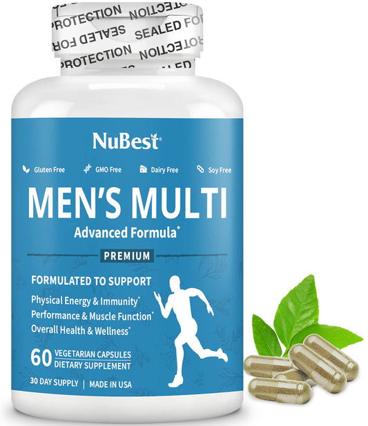 NuBest multivitamin for men bottle front showing daily energy support
