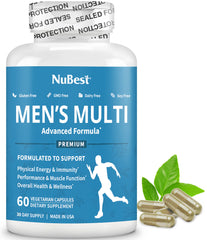 NuBest multivitamin for men bottle front showing daily energy support