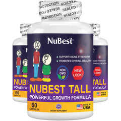 NuBest Tall bottle front view highlighting bone-support nutrients for growing children.