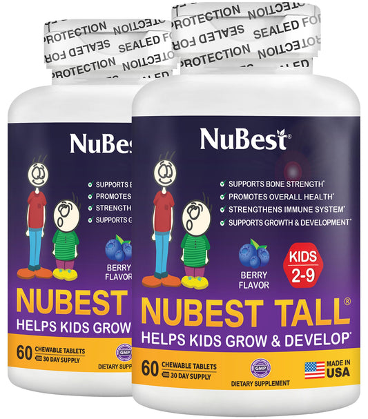NuBest Tall Kids bottle front showing berry-flavored chewables for daily intake.