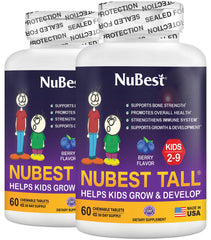 NuBest Tall Kids bottle front showing berry-flavored chewables for daily intake.