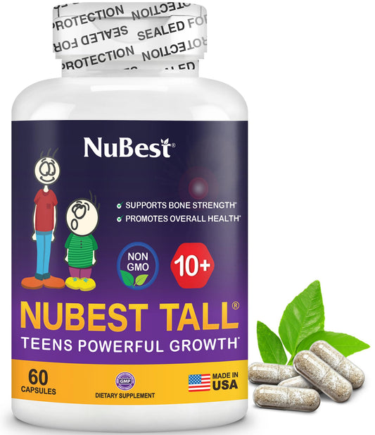 NuBest Tall 10+ bottle with capsules, convenient daily bone support for growing teens.