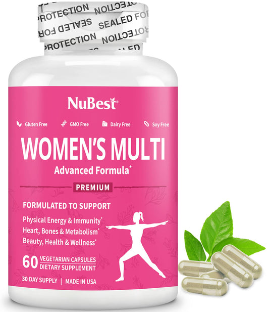 NuBest Women’s Multivitamin bottle with capsules for daily energy.