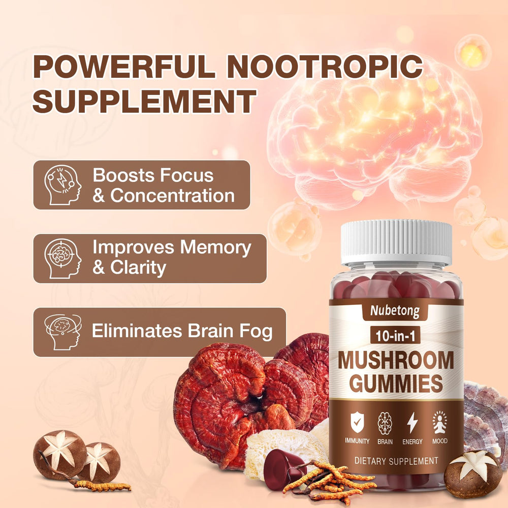 Nubetong Mushroom Gummies label emphasizes vegan, non-GMO formulation