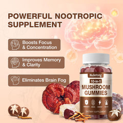 Nubetong Mushroom Gummies label emphasizes vegan, non-GMO formulation