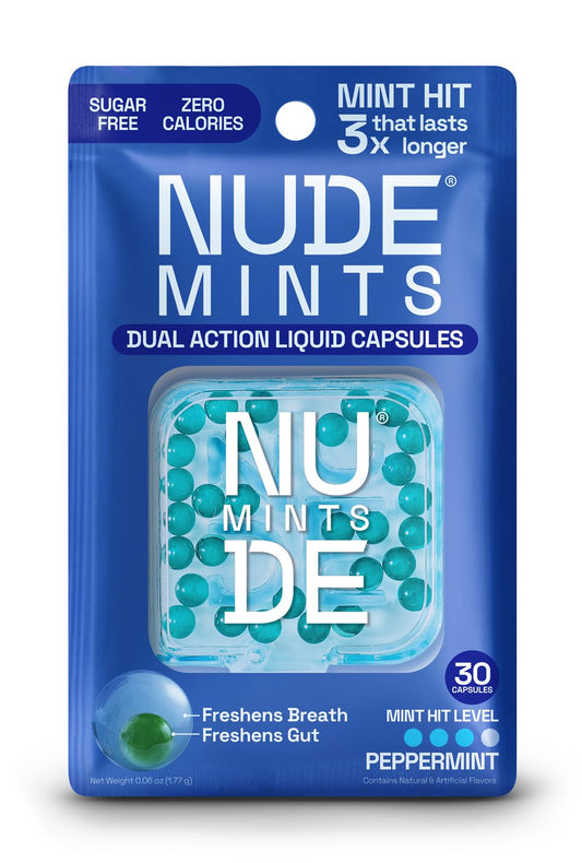 NUDE MINTS dual-action bottle showing outer and inner capsules for extended freshness.