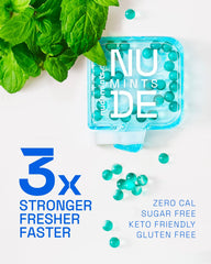 NUDE MINTS inner-capsule-delivery emphasizes prolonged mint freshness after the initial burst.