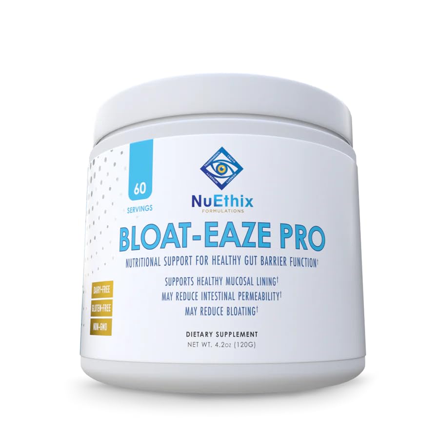 NuEthix Bloat Eaze Pro bottle on shelf signaling gut support.
