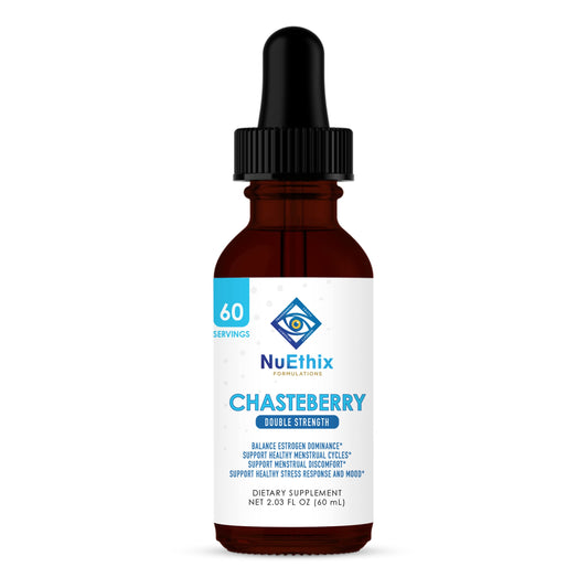 NuEthix Chasteberry double-strength bottle supports balanced hormones and menstrual comfort