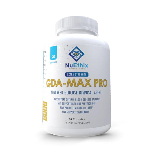 NuEthix GDA-MAX PRO bottle shows double berberine for balanced glucose support.