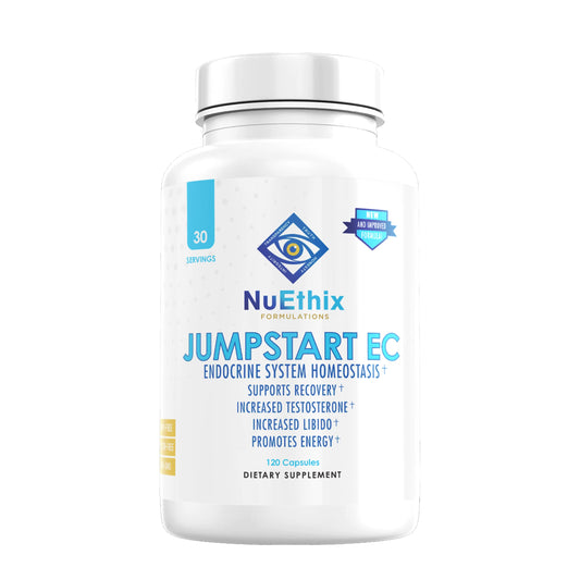 NuEthix Jumpstart EC bottle on a clean counter demonstrates endocrine balance support