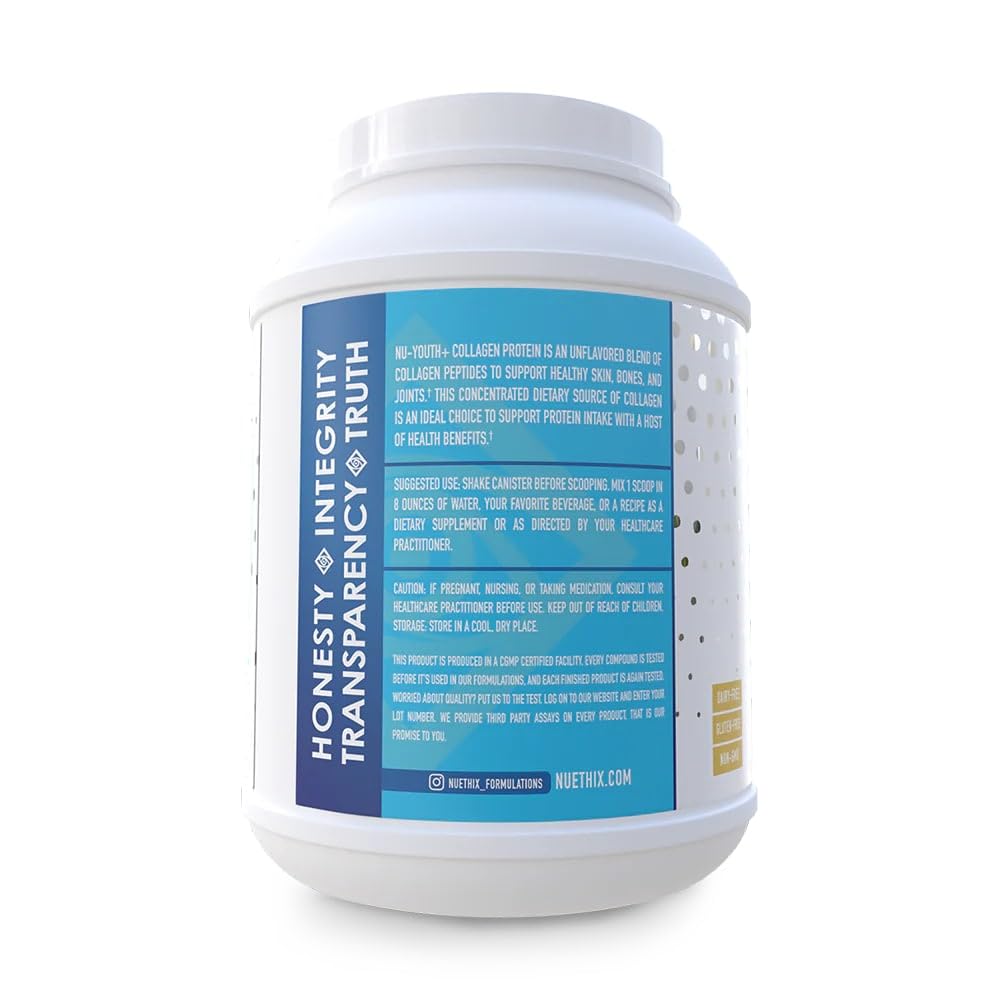 Nu-Youth label close-up highlighting gluten-free, dairy-free, non-GMO formula.