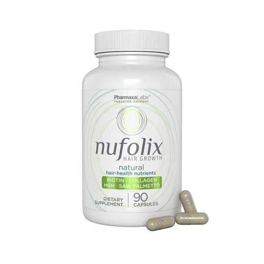 Nufolix bottle close-up for daily hair follicle nourishment and care.