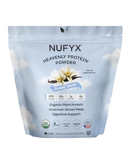 NUFYX Heavenly Protein Powder creamy vanilla bottle with scoop, ideal for vegan shakes