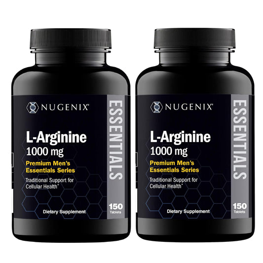 Nugenix Essentials L-Arginine bottle pour demonstrates easy daily dosing for sustained support.