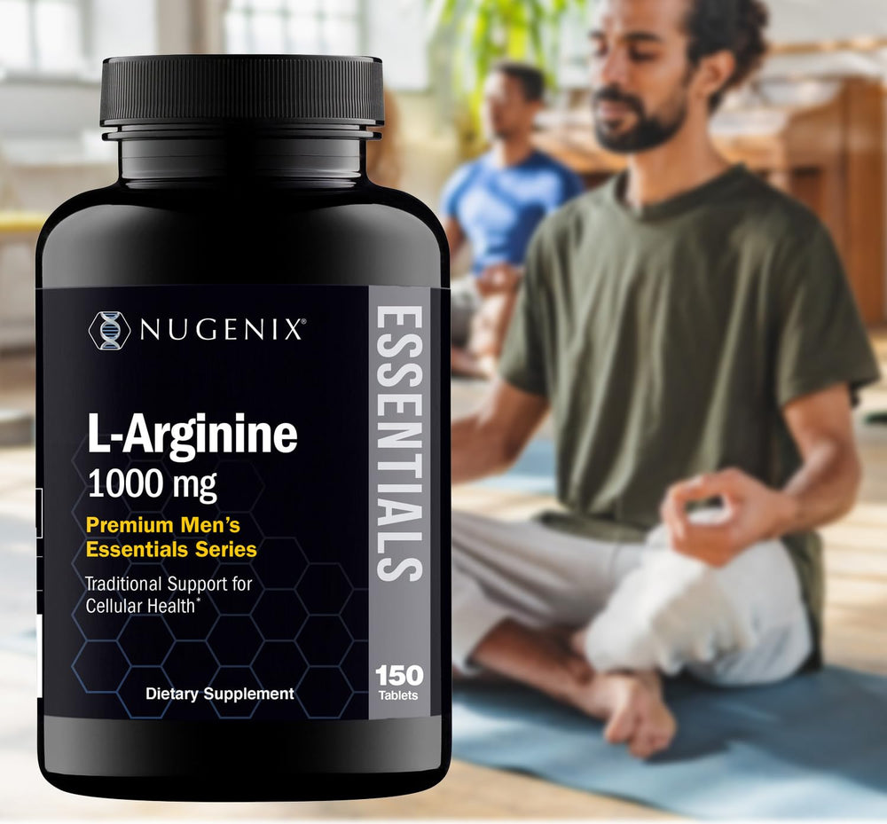 Nugenix Essentials L-Arginine US-made packaging indicates quality ingredients.