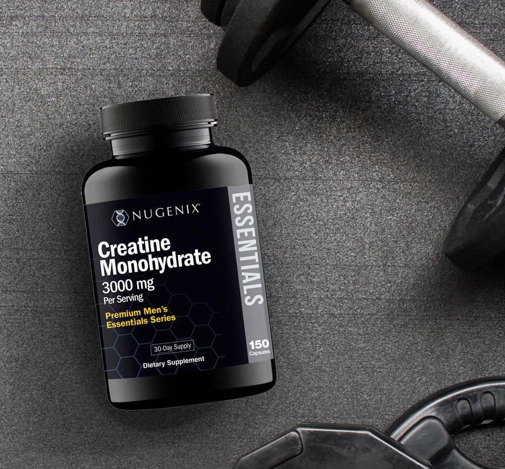 Nugenix Essentials Creatine Monohydrate pills labeled Made in USA emphasizing quality sourcing.
