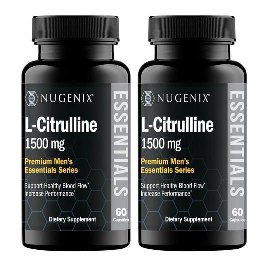Nugenix Essentials L-Citrulline bottle front showing 1500 mg dosage for blood flow support