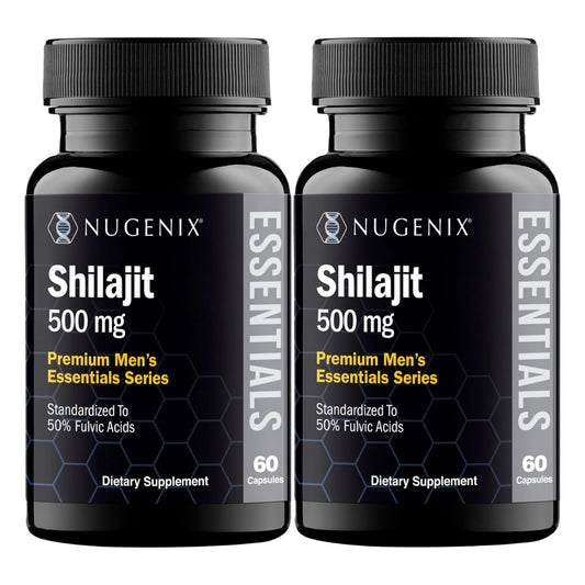 Nugenix Essentials Shilajit bottle with 500 mg capsules for daily vitality