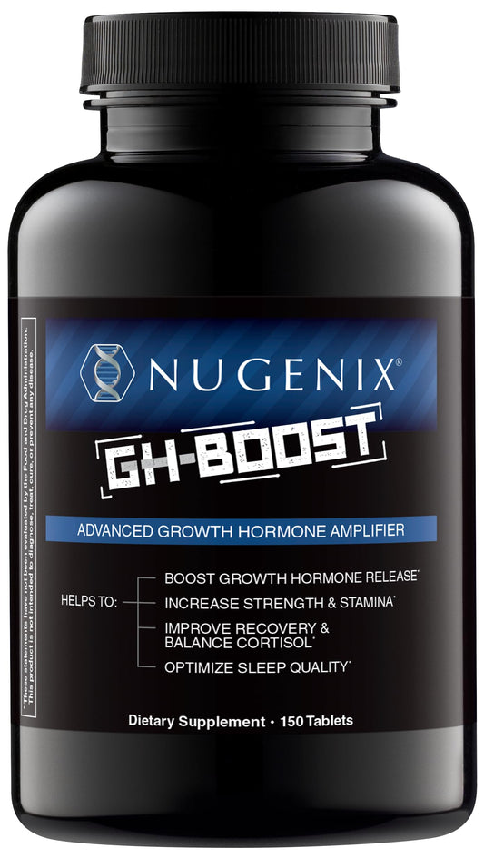 Nugenix GH-Boost bottle close-up highlighting premium formula for daily energy.
