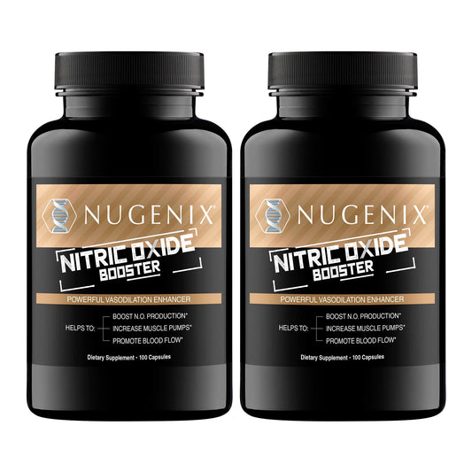 Nugenix Nitric Oxide Booster bottle ready for workouts to support blood flow.